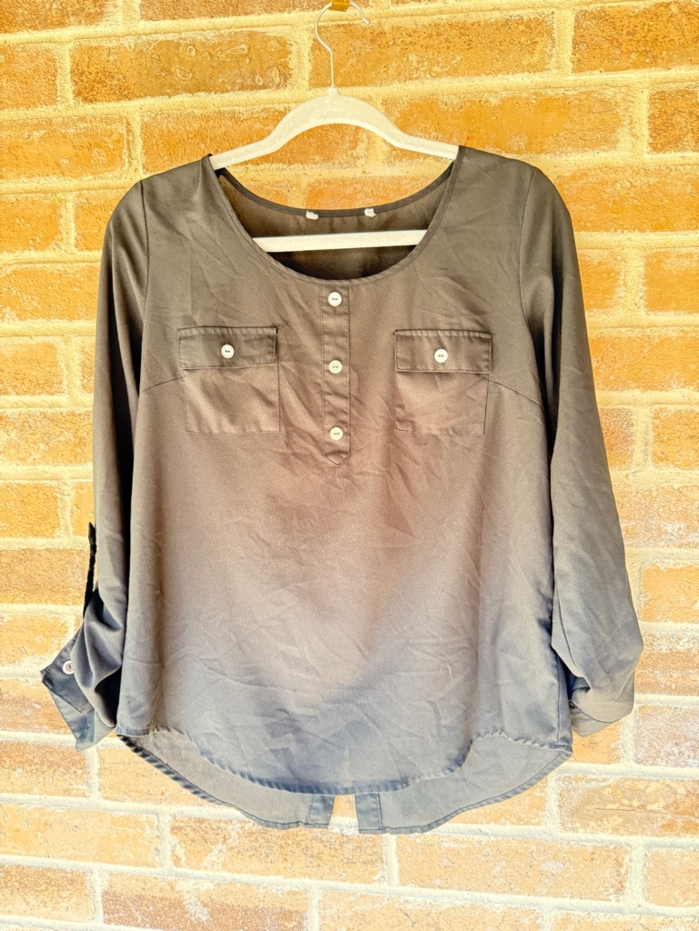 Women's Olive Scoop Neck Henley Blouse with Button Detail